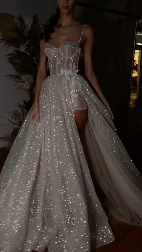 A Line Spaghetti Straps Sparkly Bohemian Wedding Dress