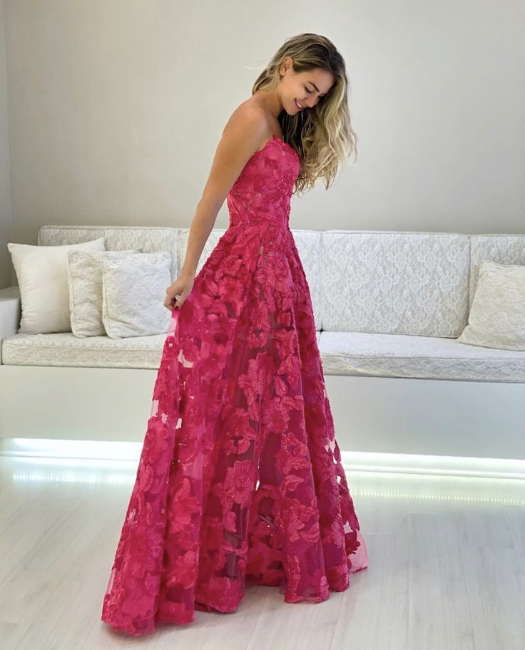 A line Strapless Hot Pink Long Prom Dress Formal Graduation Evening Dresses - Fashionpara