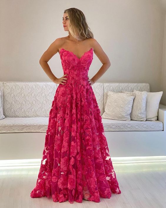 A line Strapless Hot Pink Long Prom Dress Formal Graduation Evening Dresses - Fashionpara