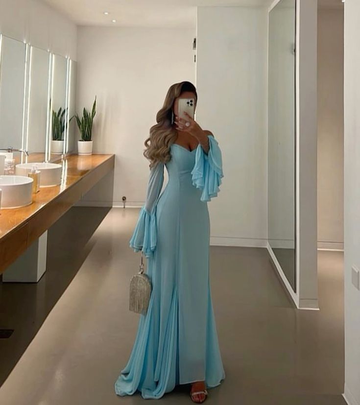 Blue Chiffon Prom Dresses Women Long Sleeves Formal Wedding Party Dress Evening Gowns