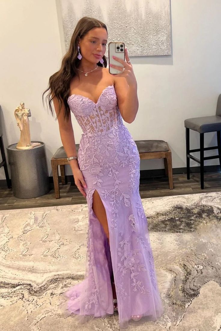 Purple Corset Sweetheart Long Lace Prom Dress with Slit - Fashionpara
