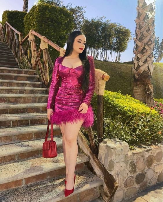 Sexy Sequined Feather Mini Dress Women Long Sleeve Bodycon Dresses Elegant Evening Party Short Dress - Fashionpara