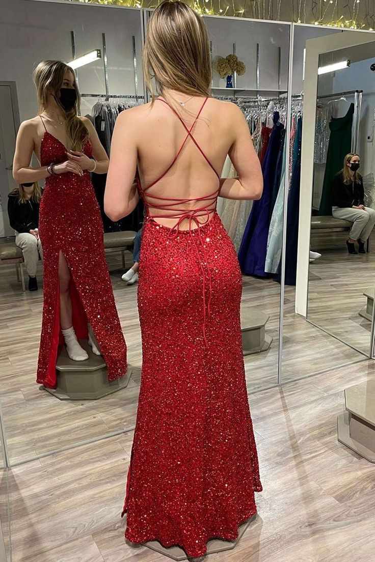 Burgundy Sequins V Neck Backless Mermaid Long Prom Dress with High Slit,Sequin Formal Graduation Evening Dresses - Fashionpara