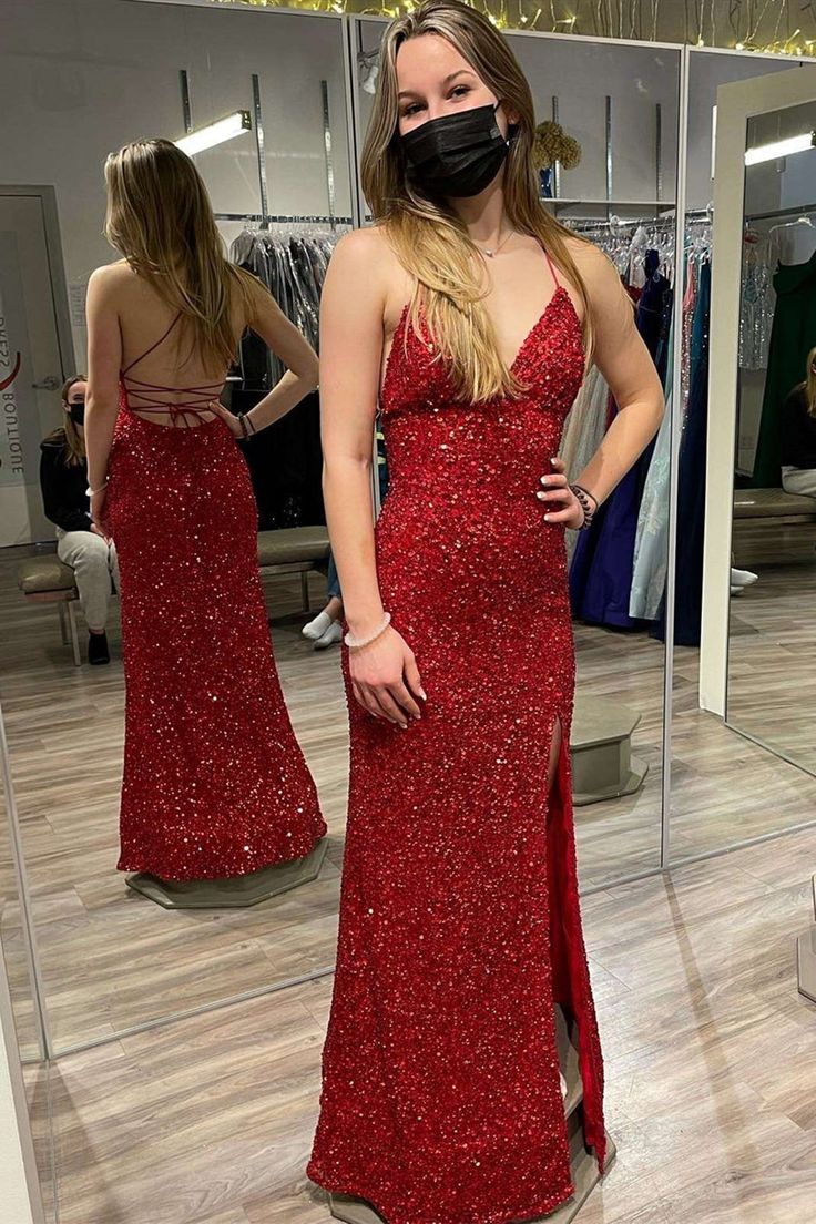 Burgundy Sequins V Neck Backless Mermaid Long Prom Dress with High Slit,Sequin Formal Graduation Evening Dresses - Fashionpara