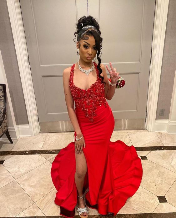 Elegant Dress for Wedding Party Blackgirls Red Prom Dress