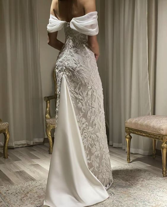 Gorgeous Off Shoulder Appliques Long Prom Dress Wedding Dress