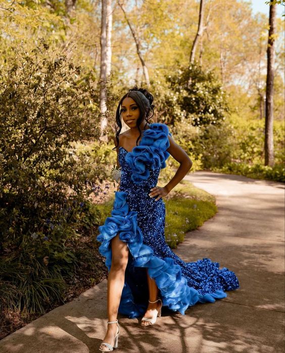 Blue Long Prom Dress Sequined Ruffles Side Split Sexy Evening Dress Graduation Party Gowns - Fashionpara