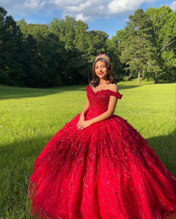 Red Prom Dress Ball Gown Quinceanera Dresses 3D Flowers Princess Corset Back Princess Prom Sweet 16 dress - Fashionpara