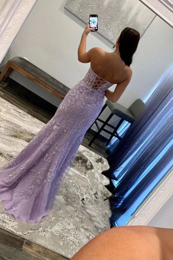 Purple Corset Sweetheart Long Lace Prom Dress with Slit - Fashionpara