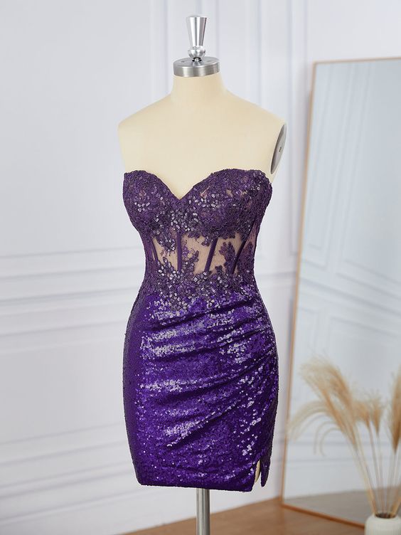 Sheath Sequins Sweetheart Appliques Lace Corset Short/Mini Dress Homecoming Dresses - Fashionpara