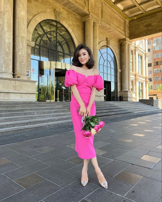 Vintage Hot Pink Midi-length Prom Dress,Wedding Guest Outfit