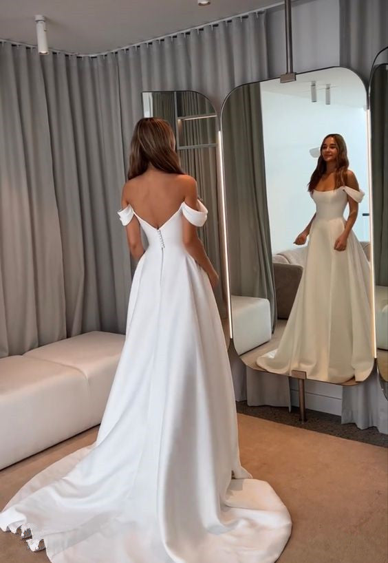 Satin A Line Wedding Dresses Sleeveless Off The Shoulder Silt Bridal Gowns Long Train Wedding Party Gowns Custom Made