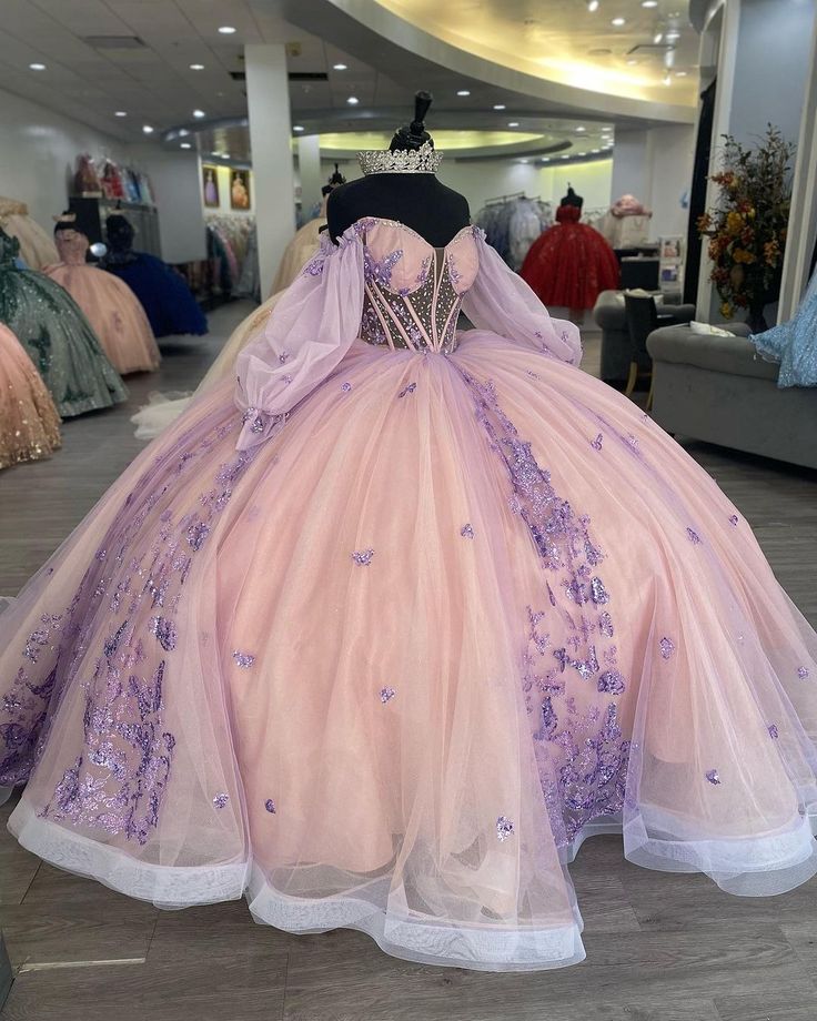 Princess 3D Butterfly Beading Crystal Ball Gown Quinceanera Dresses Illusion Sequined Appliques Lace Corset Vestidos De 15 Años - Fashionpara