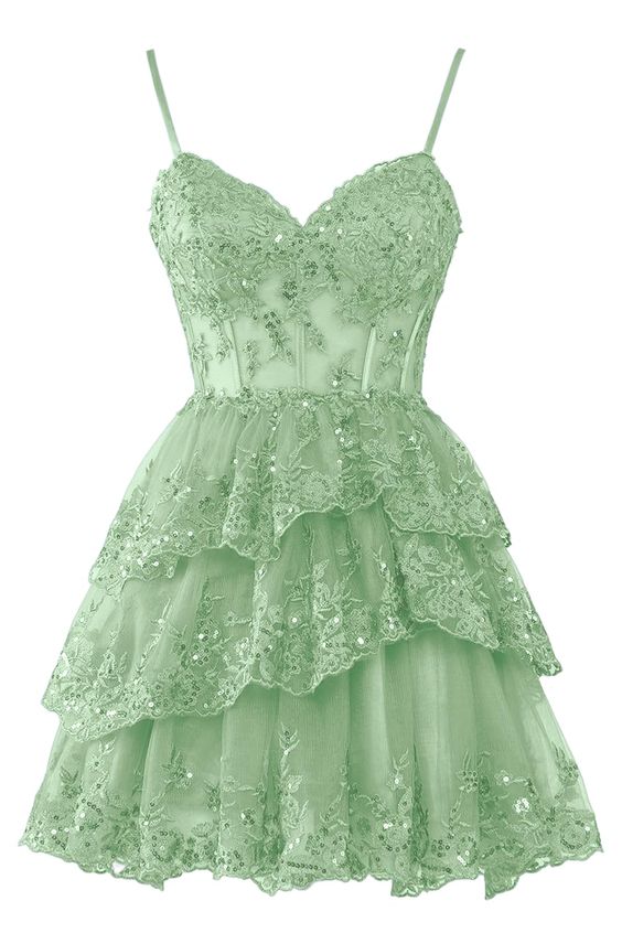 Spaghetti Straps Lace Tulle Homecoming Dresses 2024 Short Applique Corset Tiered Formal Party Gowns - Fashionpara