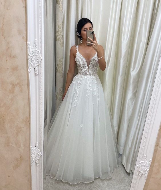 Unique v neck tulle lace long prom dress, tulle lace wedding dress