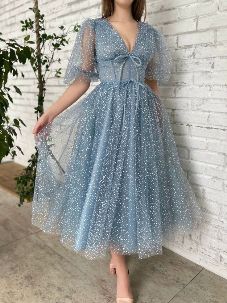 A line Tea Length Gray Blue Prom Dress, Gray Blue Formal Wedding Party Dress