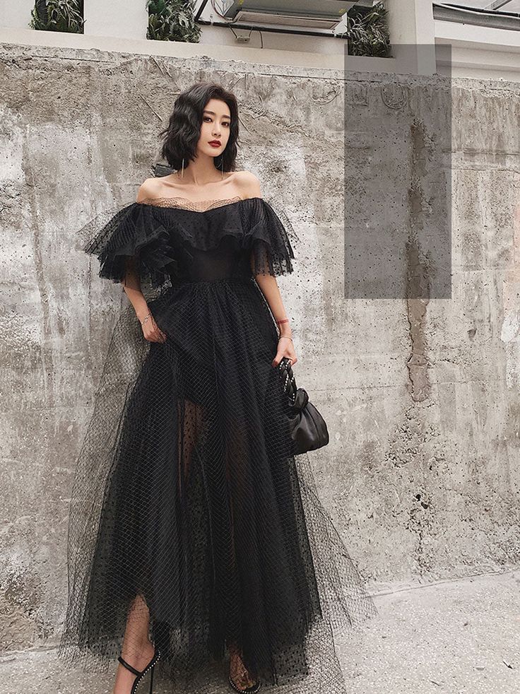 Black Tulle Long Prom Dress, Formal Dress Black Graduation Dresses - Fashionpara