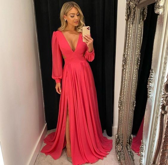 Chiffion Evening Gown V Neck Elegant Prom Dress Wedding Evening Dress With Long Sleeves Side Split