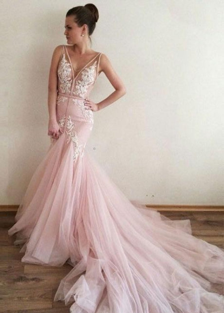 Sheer V-neckline Pink Mermaid Wedding Dress with Tulle Train