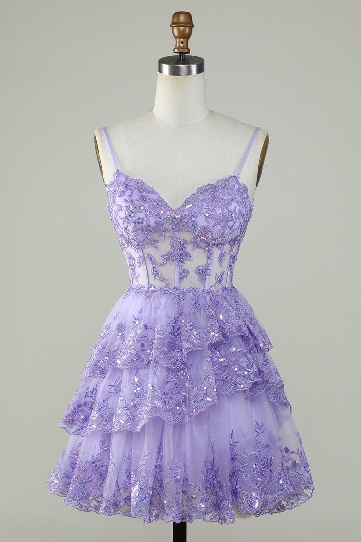 Straps Lavender Sequins Corset Layered Homecoming Dress - Fashionpara