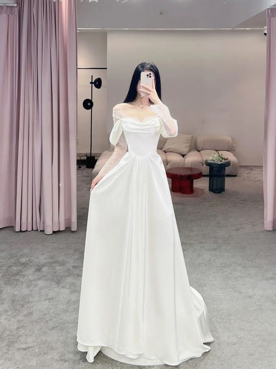 Stunning Lace Long Sleeves Wedding Dresses Off The Shoulder A Line Bridal Gowns