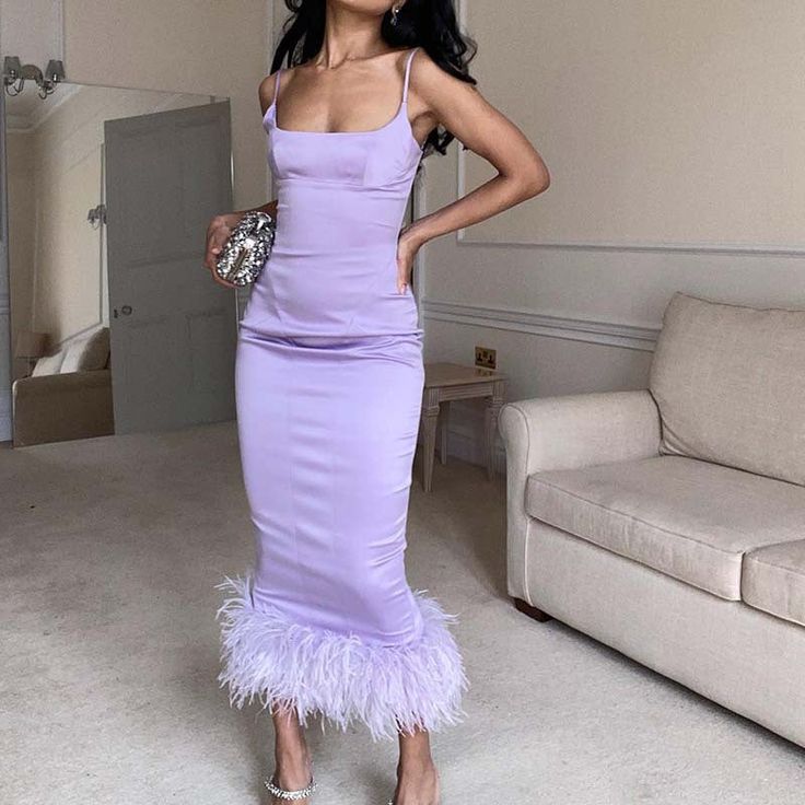Women's Spaghetti Straps Satin Dress Feather Hem Sleeveless Backless Party Bodycon Dress - Fashionpara