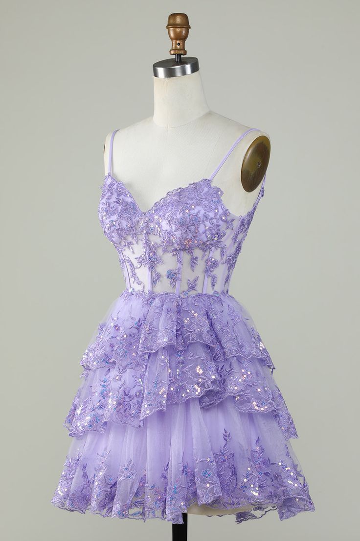 Straps Lavender Sequins Corset Layered Homecoming Dress - Fashionpara