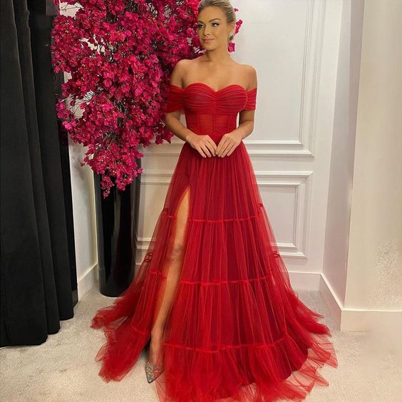 Elegant Red Corset Evening Dresses Side Split A Line Long Tulle Off The Shoulder Prom Dress - Fashionpara