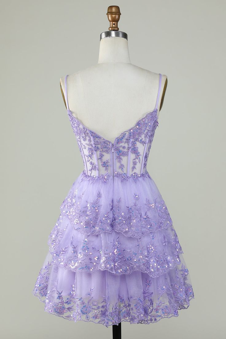 Straps Lavender Sequins Corset Layered Homecoming Dress - Fashionpara