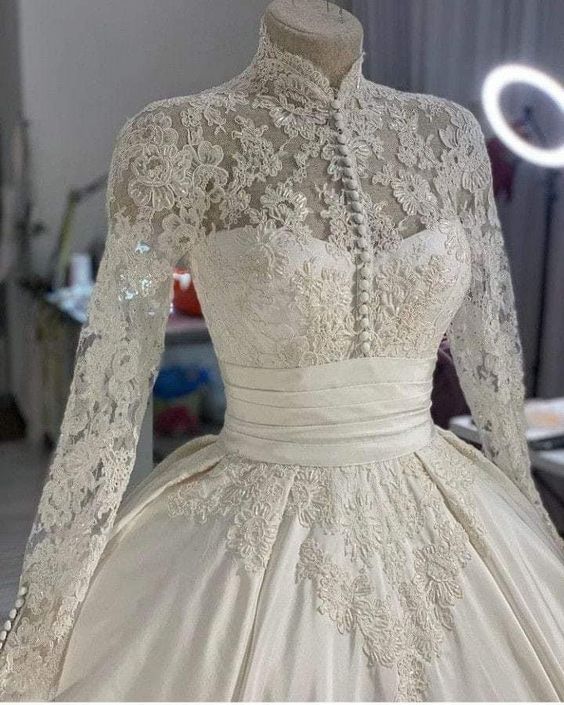 Wedding Dress 3D Flowers Pearls High Neck Lace Dresses Bridal Long Sleeve Ball Gowns For Women Ivory Muslim Engagement Dress