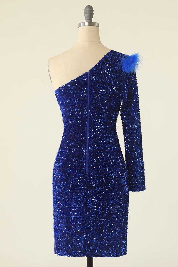 One Shoulder Sequined Cocktail Dress With Feathers - Fashionpara