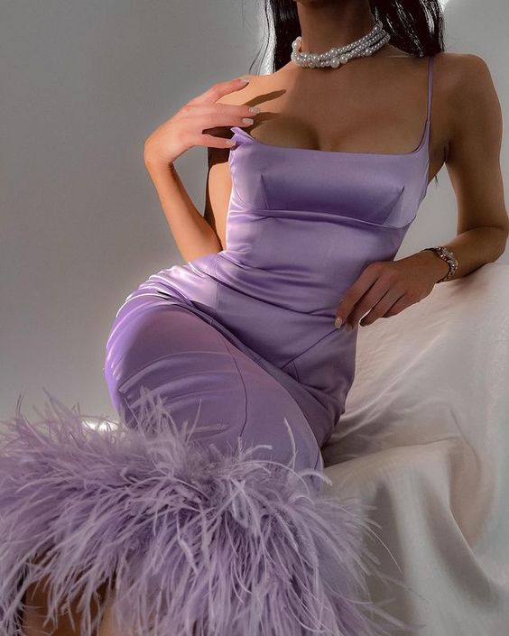 Women's Spaghetti Straps Satin Dress Feather Hem Sleeveless Backless Party Bodycon Dress - Fashionpara