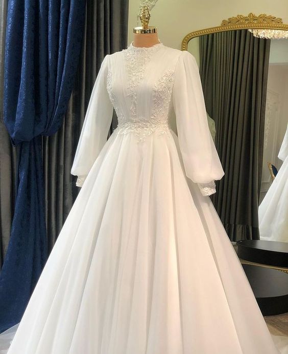 White Tulle Long Sleeve Prom Gown Wedding Dress
