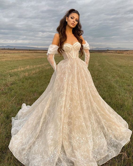 Stunning Lace Long Sleeves Wedding Dresses Off The Shoulder Sweetheart Neck A Line Bridal Gowns