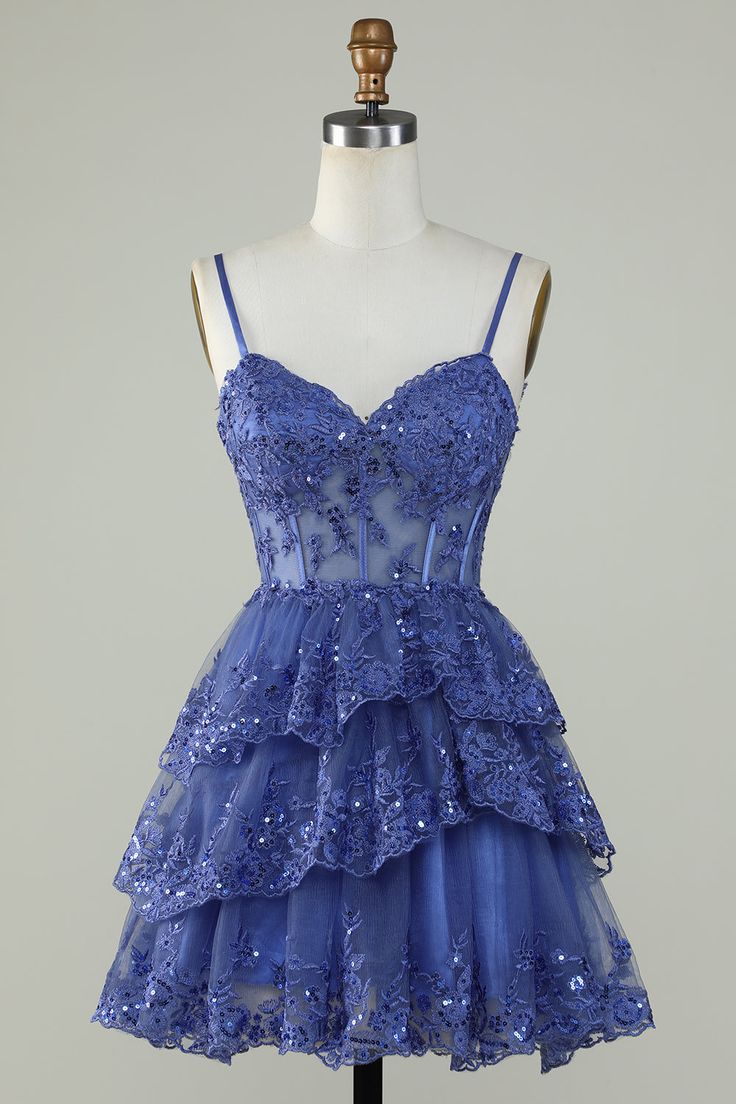 Straps Lavender Sequins Corset Layered Homecoming Dress - Fashionpara