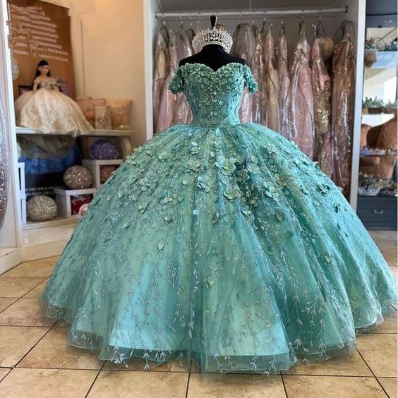 Mint Green Quinceanera Dresses with cape Floral Appliques Lace-up Back Corset prom Sweet 15 Girls Birthday Party dress - Fashionpara