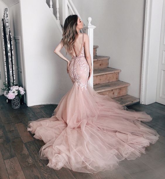 Sheer V-neckline Pink Mermaid Wedding Dress with Tulle Train