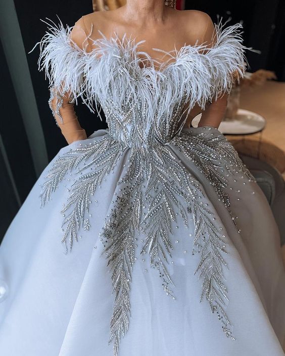 White Off The Shoulder Sexy Long Prom Dress with feather - Fashionpara