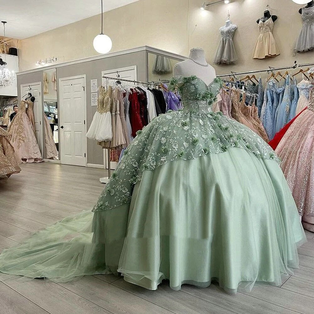 Mint Green Floral Lace Handmade Flowers Quinceanera Dresses lace-up corset Off Shoulder Tiered Corset For Sweet 15 Girls Party - Fashionpara