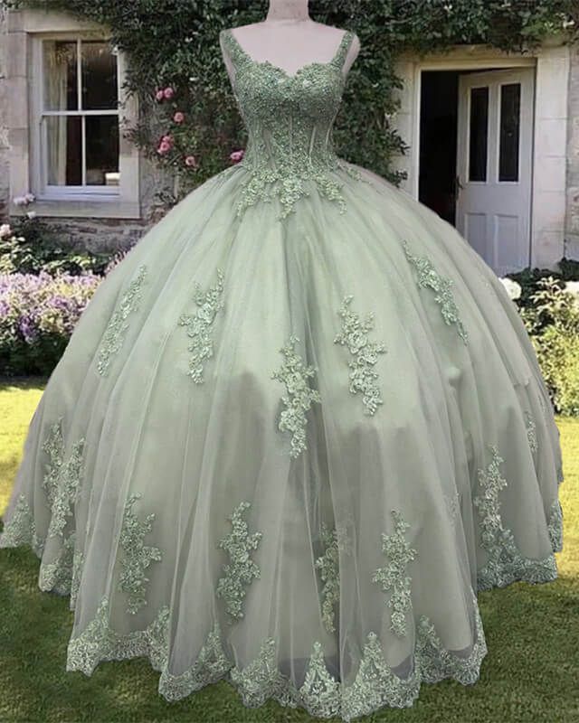 Sage Corset Ball Gown Appliques Tulle Prom Dress - Fashionpara