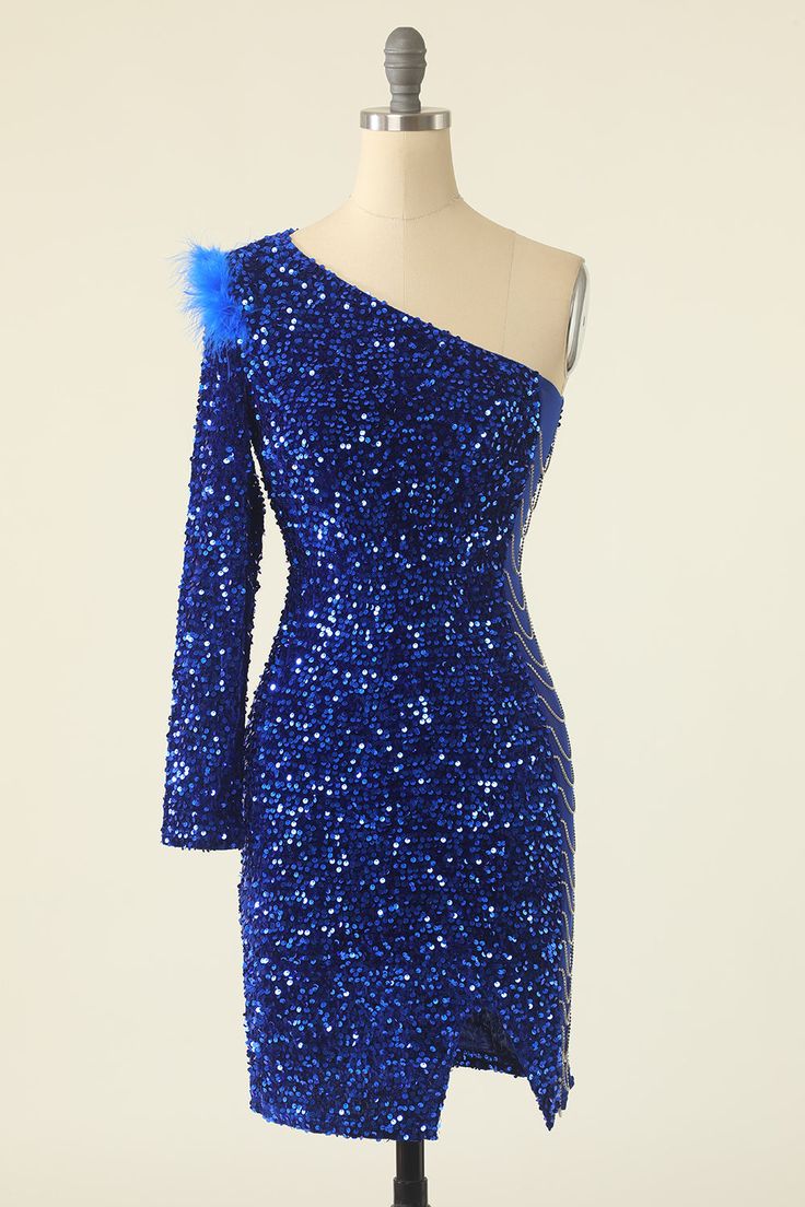 One Shoulder Sequined Cocktail Dress With Feathers - Fashionpara