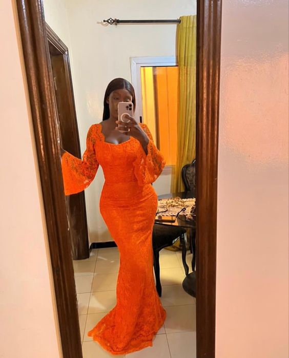 Orange Lace Long Prom Dress, Formal Evening Graduation Dress - Fashionpara