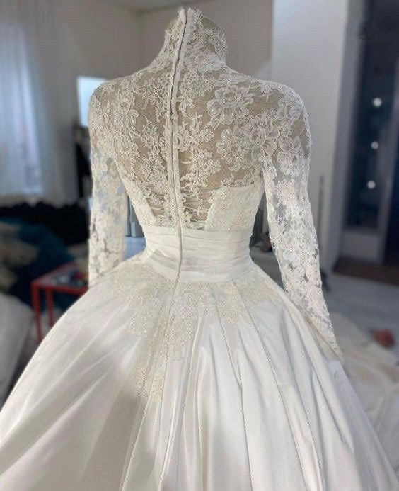Wedding Dress 3D Flowers Pearls High Neck Lace Dresses Bridal Long Sleeve Ball Gowns For Women Ivory Muslim Engagement Dress