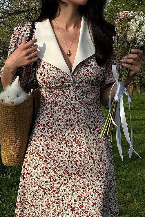 Puff Sleeve Digital Print Peter Pan Collar High Waist Maxi Floral Dress