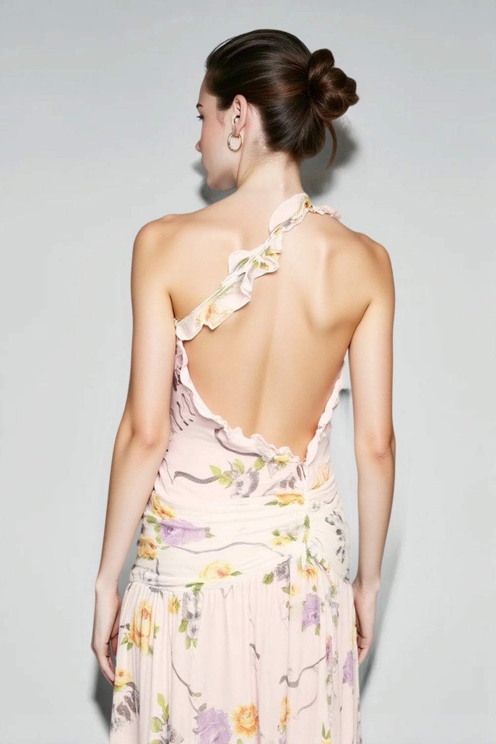 Floral One Shoulder Ruffle Rosette Maxi Gown 5