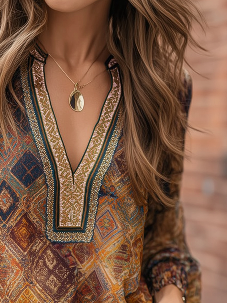 Retro Colorful Diamond Long-sleeved Blouse - Fashionpara