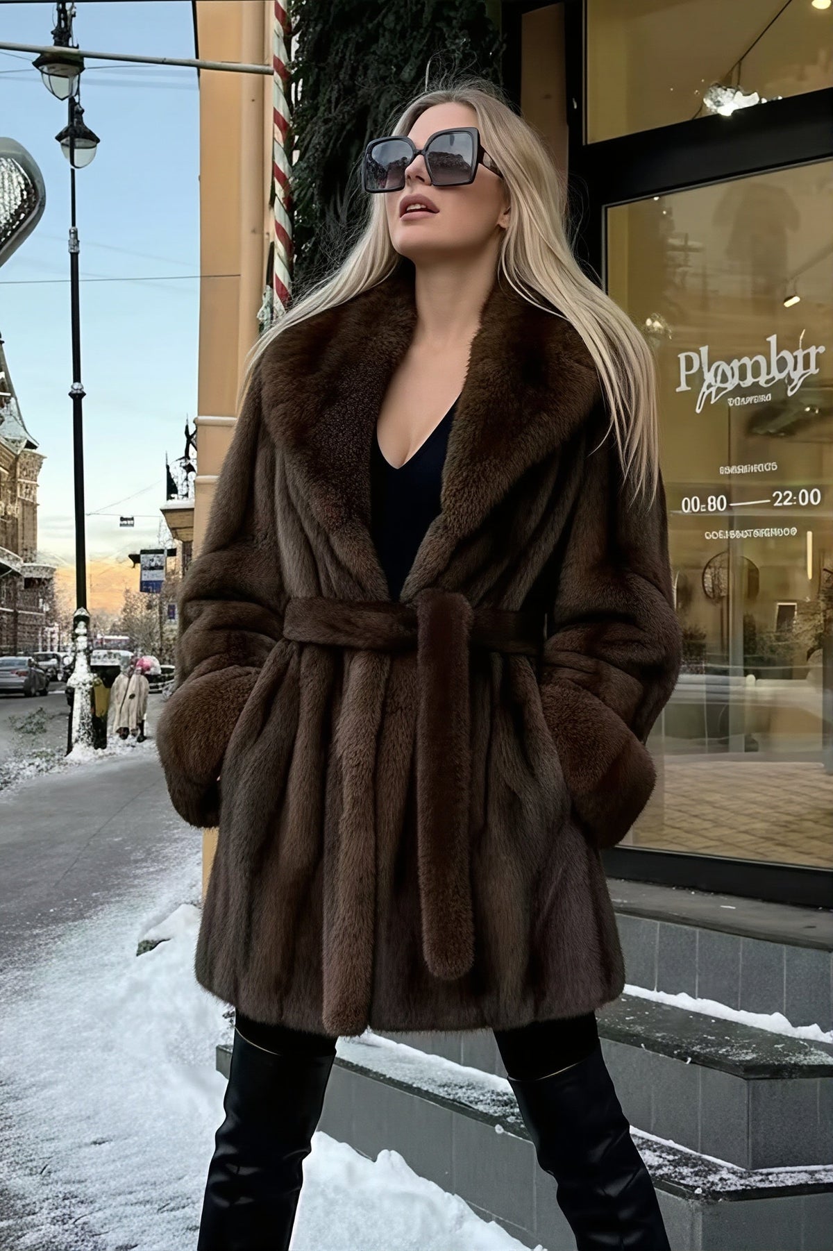 Belted Mid Length Faux Fur Coat