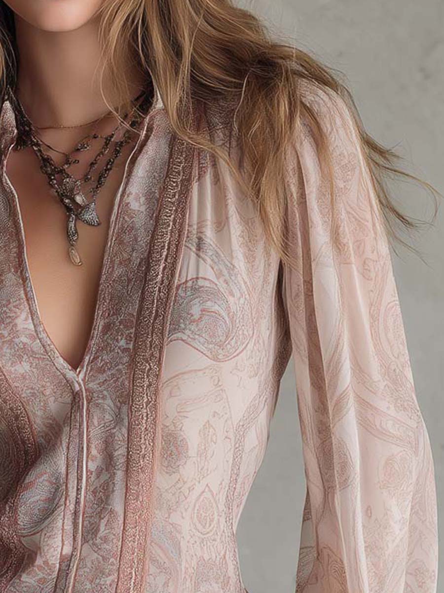 Vintage Sheer Paisley Lace Trim Blouse - Fashionpara