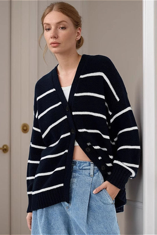 Striped V Neck Knit Cardigan in Soft Cotton for Comfort