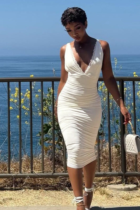 V-Neck Lace Trim Bodycon Midi Dress